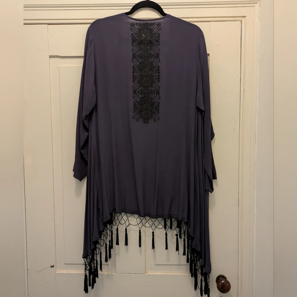 Johnny Was Love and Liberty Navy Blue Silk Kimono/ Jacket w/ Black Embroidery- M - Picture 2 of 5